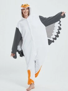 Seagull Unisex Cosplay Cartoon One Piece Pajamas,  Fleece Thickened Hooded Jumpsuit, Fall, Winter, Christmas Animal Cosplay Pajamas, Funny One Piece Outfit For Halloween Party - 白色 - 查看 4