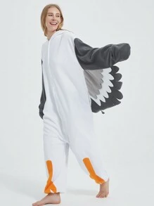 Seagull Unisex Cosplay Cartoon One Piece Pajamas,  Fleece Thickened Hooded Jumpsuit, Fall, Winter, Christmas Animal Cosplay Pajamas, Funny One Piece Outfit For Halloween Party - 白色 - 查看 5