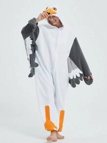 Seagull Unisex Cosplay Cartoon One Piece Pajamas,  Fleece Thickened Hooded Jumpsuit, Fall, Winter, Christmas Animal Cosplay Pajamas, Funny One Piece Outfit For Halloween Party - 白色 - 查看 3