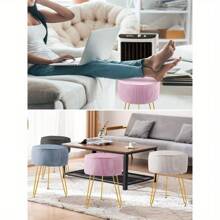 Dressing Table Stool, Round Vanity Stool, Stool Chair For Dressing Table, Makeup Stool With Gold Iron Legs For Bedroom Living Room, Pink - 粉色 - 查看 6