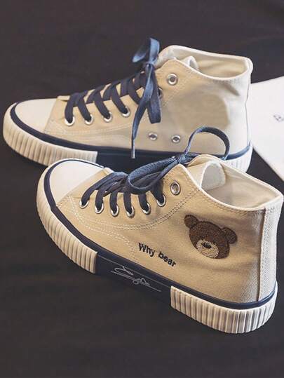 Zapatillas de casuales deporte para mujer,lona de altasuperior con dibujo de oso para mujer,Lindas Zapatillas De Lona Altas Para Mujer,Edición De Otoño,Con Detalle De Oso De Bolsillo,Zapatos de Lona de Ccaña Alta Para Mujer Con oso de Moda,Calzado Informal Con Estampado de Oso Para Mujer,Cabeza Redonda,Primavera y Otoño Estilo Universitario Zapatillas de Lona,Deportes al Aire Libre Cómodo Estilo Casual Zapatos de Lona de Caña Alta Con Plataforma Plana Delantera con Cordones,Zapatillas de Lona de Caña Alta Para Estilo Preppy,Zapatos Deportivos Informales Negros Para Mujer