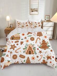 3pcs Christmas Gift Theme Quilt Cover Set, Gingerbread Man, Cake And Christmas Tree Print Bedding Set, 100% Polyester Super Soft HD Printing Bedding Set, For Bedroom, Guest Room (1*Quilt Cover + 2*Pillowcase, Without Core) - Multicolor - View 1