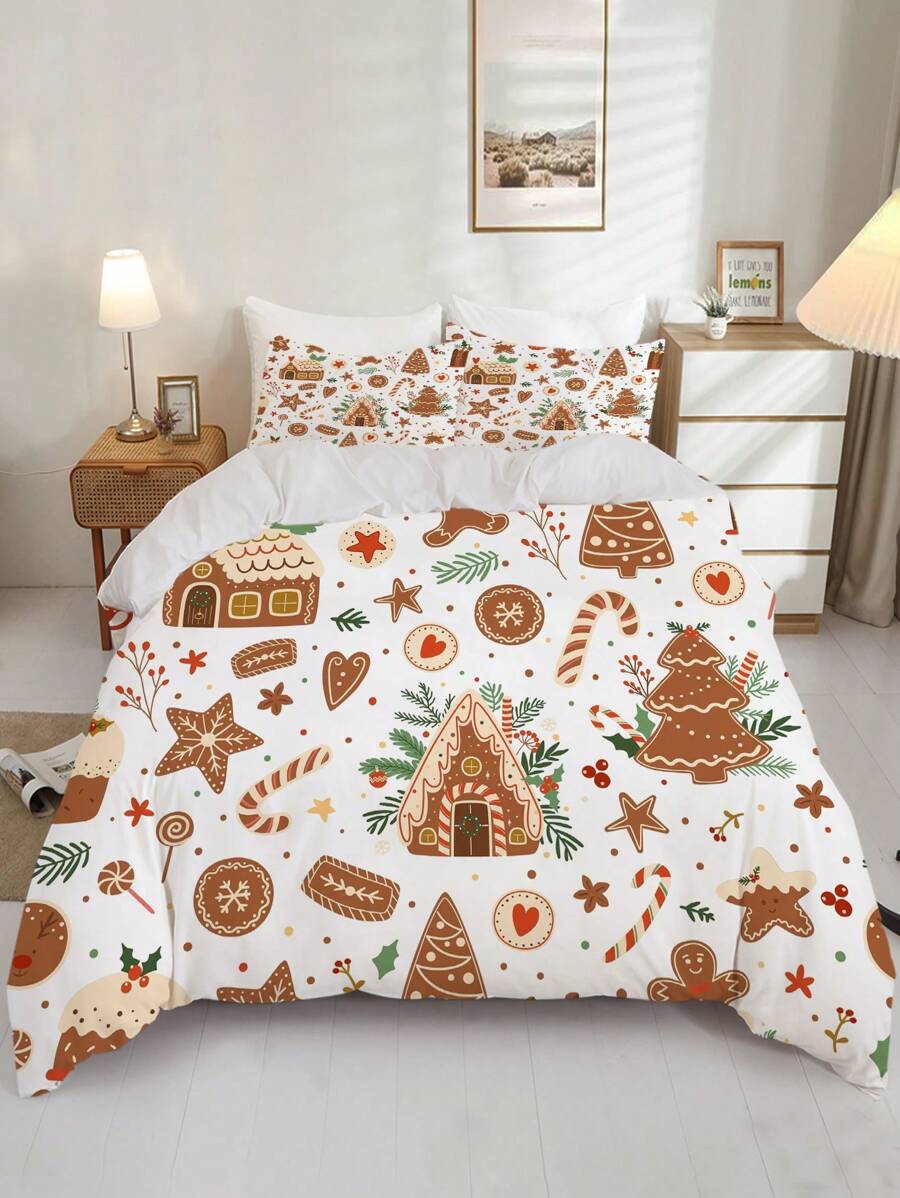 3pcs Christmas Gift Theme Quilt Cover Set, Gingerbread Man, Cake And Christmas Tree Print Bedding Set, 100% Polyester Super Soft HD Printing Bedding Set, For Bedroom, Guest Room (1*Quilt Cover + 2*Pillowcase, Without Core) - Multicolor - View 1