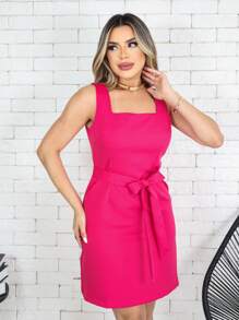 Thick Strap Dress With Bow - Pink - View 4