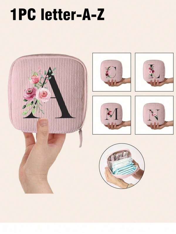 1pc Flowers Letter Pattern Sanitary Pads Storage Bag Portable Pouch Large Capacity, Women Tampon Storage Bag Sanitary Pad Pouch Napkin Cosmetic Bags Organizer Ladies Makeup Bag Girls Tampon Holder Organizer, For Lipstick, Brush, Skincare, Mobile Phone, Coin, Small Items, For Home, Gift, Vacation And Festival Halloween Christmas Multifunctional Use,Boho Vibes
