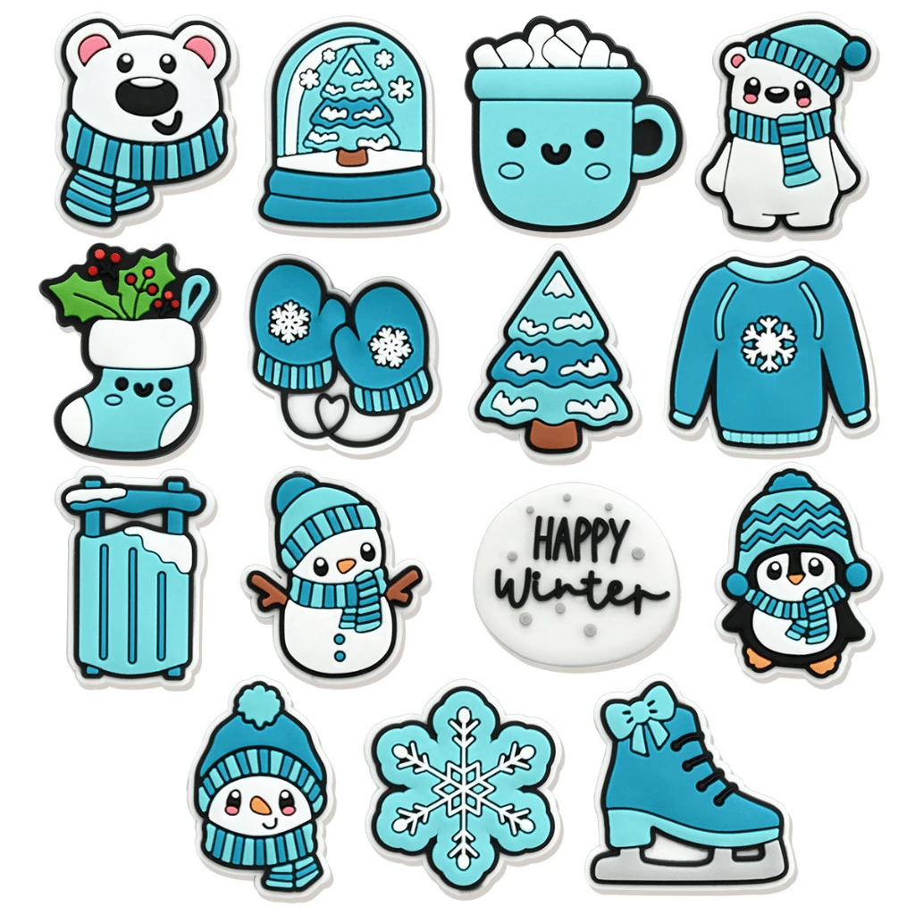 15 件新款冬季系列雪人蓝白可爱饰品 DIY 卡通 PVC 软橡胶材料趣味饰品，PVC 材料适用于镂空木屐、鳄鱼鞋、可拆卸鞋饰的 DIY - 藍色 - 查看 1