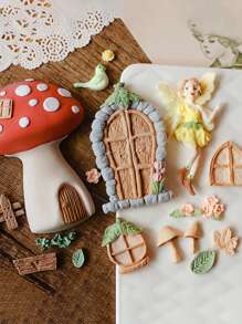 Bộ khuôn nướng bánh silicon chủ đề thiên nhiên: Nấm, Cabin nhỏ, Dụng cụ tạo hình fondant để trang trí bánh - Màu be - Xem 1