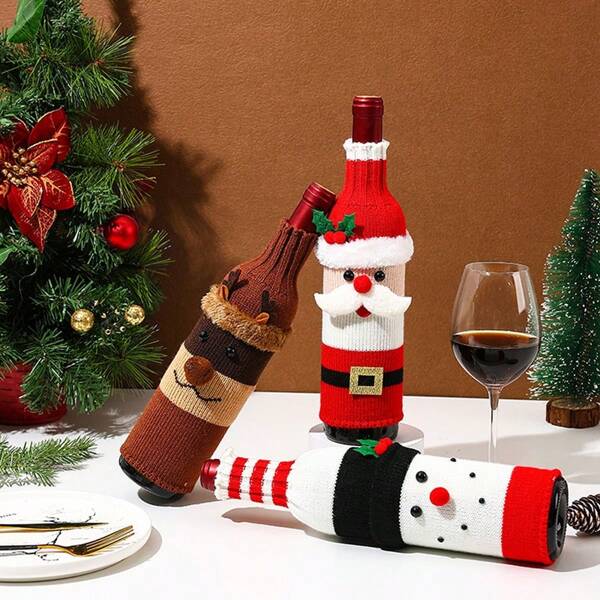 Decoración navideña, Funda de botella de vino navideña con diseño de punto de Papá Noel y muñeco de nieve, decoración para la cena de Navidad, ambiente de restaurante