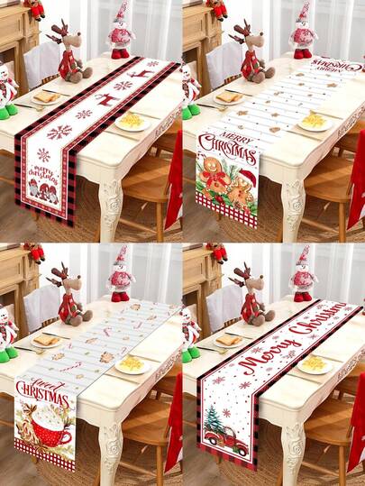 1pc Christmas Themed Table Runner, Featuring Checkered Gingerbread Man, Snowflakes And Three Mini Gnomes, "Merry Christmas" Text, For Christmas Party Decorations, Living Room Wall Decor,Christmas