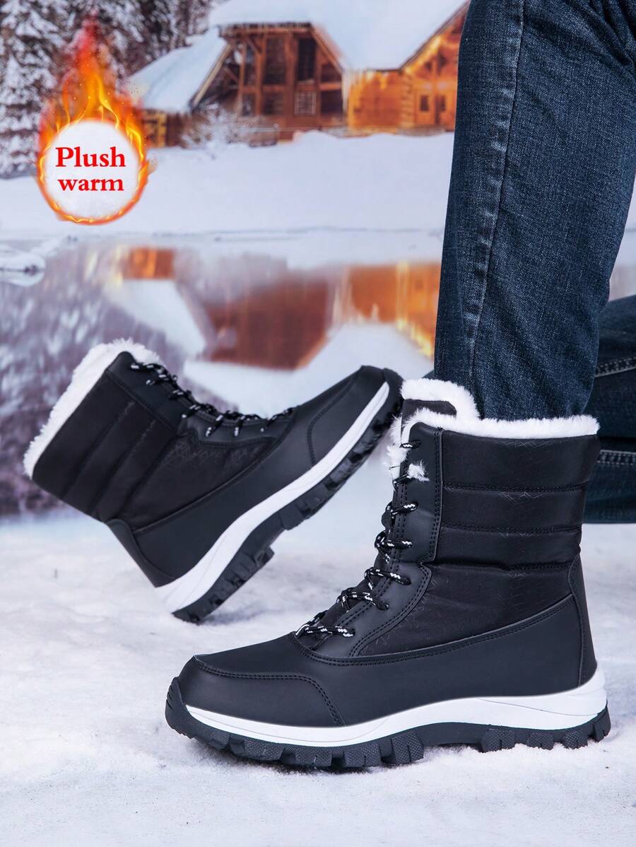 Men's 2024 New Casual Snow Boots, Hiking Shoes, Outdoor Thick Sole Boots, Warm Anti-Slip Windproof High-Top Lace-Up Boots With Fluffy Lining, Suitable For Outdoor Walking, Running, Hiking, Autumn And Winter