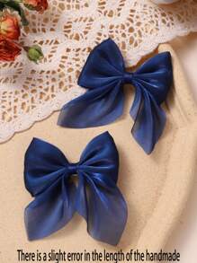 12/2pcs Children's Chiffon Bow Hair Clips, Solid Color, Minimalist & Fashionable - Navy Blue - View 3