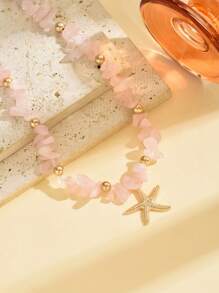 1 件时尚串珠金属海星吊坠项链，粉红宝石设计，适合日常和旅行佩戴 - 海星+粉紅色碎石 - 查看 4