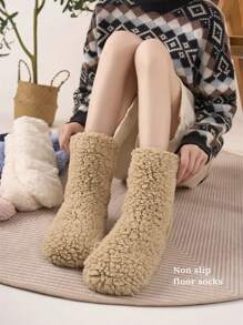 1 Pair Of Thick Fuzzy Socks. Non Slip Floor Socks, Winter Warm Socks, Solid Color Women's Mid Tube Socks, Home Sleeping Socks - Multicolor - View 2