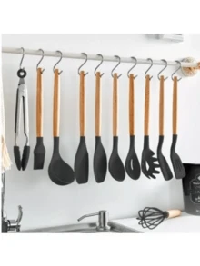 Kit Of 12 Silicone Kitchen Utensils With Wooden Handles - màu đen - Xem 5