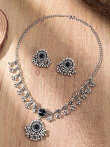 1入摩登復古風圓形吊墜流蘇項鍊和1對圓形吊墜流蘇耳環，適用於女士 - 復古銀色 - 查看 16