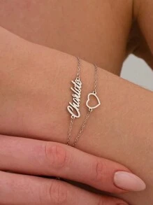 时尚优雅双层双链镂空不锈钢手链，可定制英文名称，女士高品质珠宝配饰，情人节、生日和毕业典礼的手工珠宝礼物 - 銀色 - 查看 2