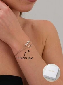 时尚优雅双层双链镂空不锈钢手链，可定制英文名称，女士高品质珠宝配饰，情人节、生日和毕业典礼的手工珠宝礼物 - 銀色 - 查看 1