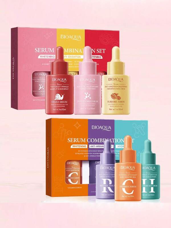 BIOAQUA مجموعة هدايا 3 قطع: جوهر حمض الهيالورونيك / السلحفاة / الريتينول / الكركم / فيتامين سي / نياسينامايد، مرطب وملطف، للحد من الخطوط الدقيقة والتجاعيد، ومنير ومفتّح لبشرة الوجه، مُعززات ومُنعشات