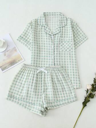 2pcs/Set Women Plaid Print Sleepwear Short Sleeve Buttoned Collar Top And Shorts, Summer Casual Pajamas,Two Pieces Set