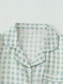 2pcs/Set Women Plaid Print Sleepwear Short Sleeve Buttoned Collar Top And Shorts, Summer Casual Pajamas,Two Pieces Set