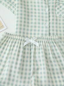 2pcs/Set Women Plaid Print Sleepwear Short Sleeve Buttoned Collar Top And Shorts, Summer Casual Pajamas,Two Pieces Set