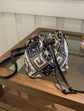 新款中国风布包单肩包2025民族风书法单肩包女士复古印花水桶包春季休闲时尚女士包包手拿包