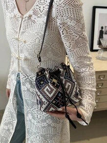 2026新款中国风布艺单肩包，书法单肩包，女士复古印花水桶包，春季休闲时尚女手提包 - 彩色 - 查看 5