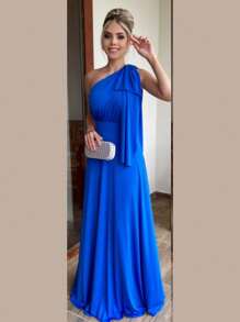 One Shoulder Dress With Long Sleeves Solid Color Fluity Mesh Elegant Party Fashion Women's - 藏蓝色 - 查看 1