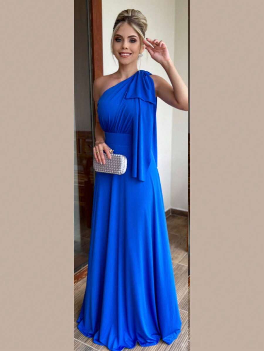 One Shoulder Dress With Long Sleeves Solid Color Fluity Mesh Elegant Party Fashion Women's - 藏蓝色 - 查看 1