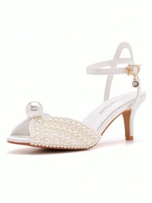 Sandal cao gót mũi tròn đính đá pha lê vàng 6cm, gót thấp, quai mắt cá chân, gót vừa, trang trí đá pha lê vàng, thích hợp cho tiệc tùng, đám cưới, váy cô dâu trang trọng, sandal cao gót sang trọng bóng loáng, sandal cao gót thanh lịch, giày cưới màu vàng/sâm panh dành cho nữ - Màu be - Xem 2