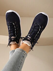 2025 Giày bốt cổ thấp đế bằng, buộc dây bên hông, trang phục thường ngày, áo khoác phao, chống trượt, thể thao ngoài trời, nhẹ và ấm, dành cho nữ, mùa đông - Màu xanh lam - Xem 4