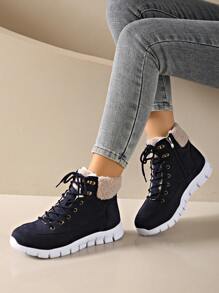 2025 Giày bốt cổ thấp đế bằng, buộc dây bên hông, trang phục thường ngày, áo khoác phao, chống trượt, thể thao ngoài trời, nhẹ và ấm, dành cho nữ, mùa đông - Màu xanh lam - Xem 6