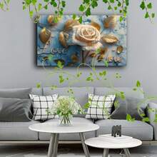 1pcs Wooden Framed Print Canvas Painting Print Artwork Very Suitable For Office Corridor Home Living Room Decoration White Rose With Golden Leaves, Love Text, Marble Background, Elegant Design