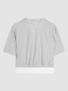 2025 夏季女士拼色条纹百搭拉链半襟短袖休闲 T 恤