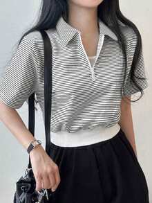 2025 夏季女士拼色条纹百搭拉链半襟短袖休闲 T 恤