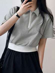 2025 夏季女士拼色条纹百搭拉链半襟短袖休闲 T 恤