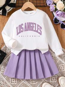 Tween 女童字母印花圆领长袖上衣和纯色百褶裙套装