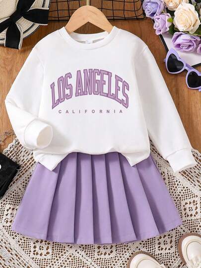 Tween 女童字母印花圆领长袖上衣和纯色百褶裙套装