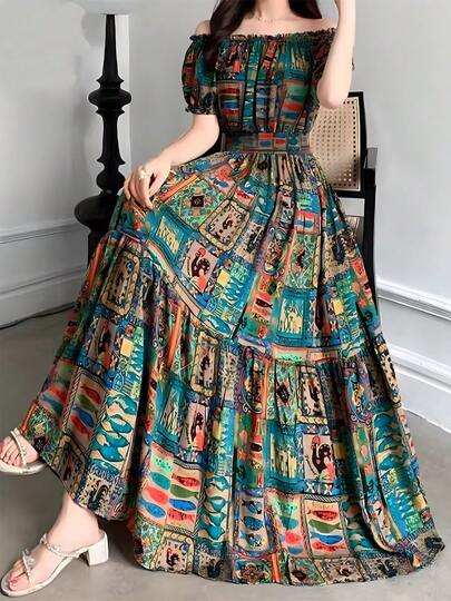 Maxi vestido de mujer boho de algodón y lino con estampado floral de manga corta