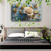 1pcs Wooden Framed Print Canvas Painting Print Artwork Very Suitable For Office Corridor Home Living Room Decoration White Rose With Golden Leaves, Love Text, Marble Background, Elegant Design