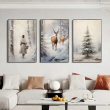 1 pièce Peinture murale décorative moderne, affiche de paysage de Noël d'hiver, décor de ferme, cerf, pomme de pin, bonhomme de neige, paysage naturel, peinture sur canevas HD sans cadre pour décoration murale de salon
