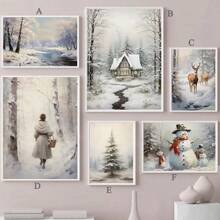1 pièce Peinture murale décorative moderne, affiche de paysage de Noël d'hiver, décor de ferme, cerf, pomme de pin, bonhomme de neige, paysage naturel, peinture sur canevas HD sans cadre pour décoration murale de salon