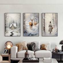 1 pièce Peinture murale décorative moderne, affiche de paysage de Noël d'hiver, décor de ferme, cerf, pomme de pin, bonhomme de neige, paysage naturel, peinture sur canevas HD sans cadre pour décoration murale de salon