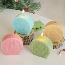 1 件圆形镜面浮雕圣诞老人、驯鹿、雪人、树、石石膏蜡烛模具、硅胶模具 - 白色 - 查看 4