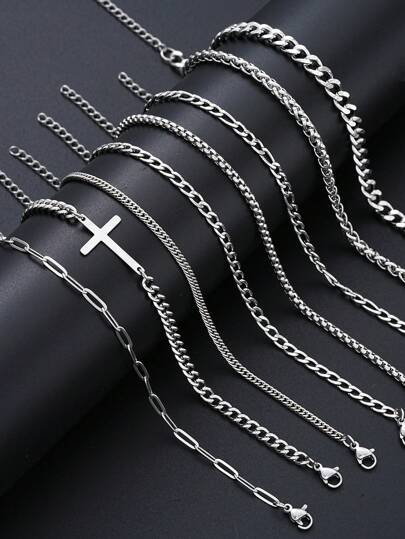 8pcs Stainless Steel Chain Bracelets Set For Men Casual Vacation Date Christmas Gift Daily Wear
