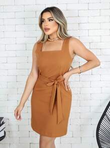 Thick Strap Dress With Bow - Camel - View 3