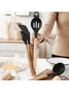 Kit Of 12 Silicone Kitchen Utensils With Wooden Handles - màu đen - Xem 4