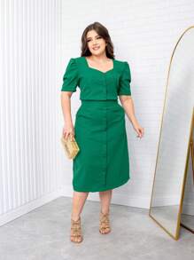 EVANGELICAL SET BUTTON SKIRT WITH TLENGE BLOUSE - 墨綠色 - 查看 1