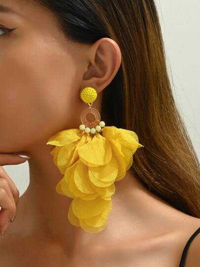 1pair Long Yellow Organza Petal Pendant Earrings