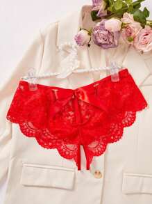 1 pieza Panty rojo sexy de encaje con moño, lencería íntima para el Día de San Valentín, Navidad, dormitorio, discoteca